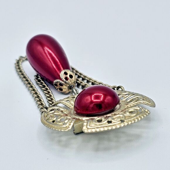 Victorian Revival Brooch Red Faux Draping Dangle Swag Chain Estate Jewelry Pin - Picture 5 of 9
